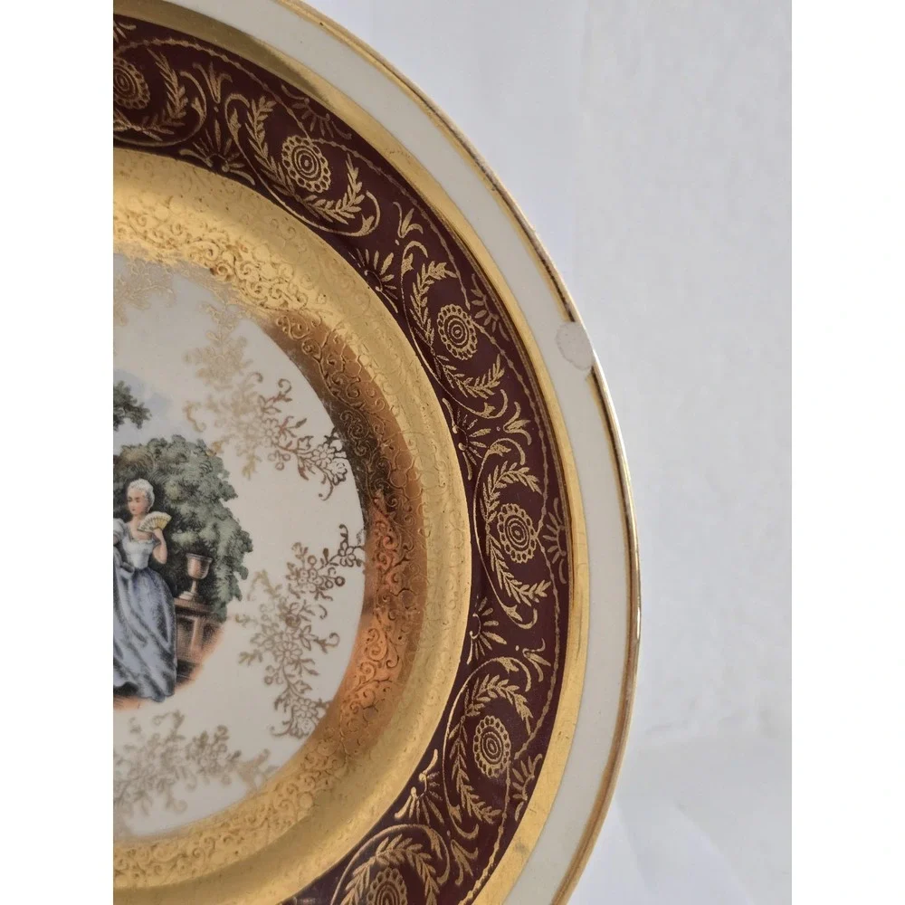 22K Gold Red Victorian Scene Plate Le Petit China (Small Chip and scratches)